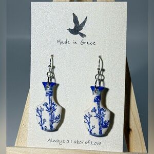 Polymer clay Blue and White Floral Vase Earrings